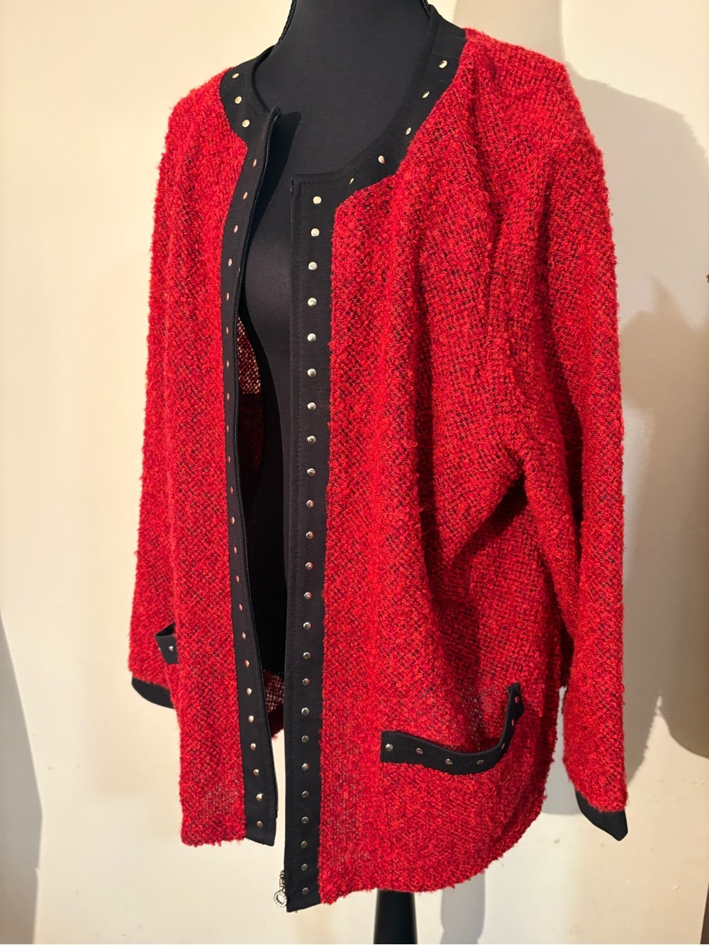 Women’s Vintage Sweater-Jacket,Red Textured,Zippered-Front with Black/Gold Trim